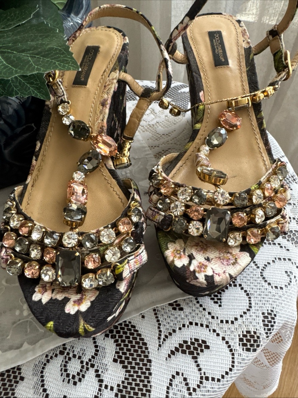 Dolce & Gabbana Black Floral Jeweled T-Strap Platform Sandal